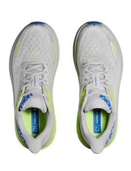 zapatilla running hombre hoka CLIFTON 9, gris/verde fluor