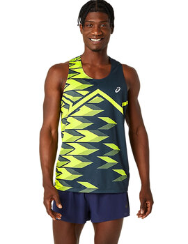 camiseta running asas hombre asics LIGHT GRAPHIC SINGLET, marino/verde fluor