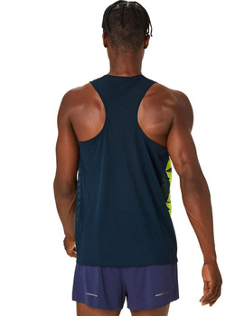 camiseta running asas hombre asics LIGHT GRAPHIC SINGLET, marino/verde fluor